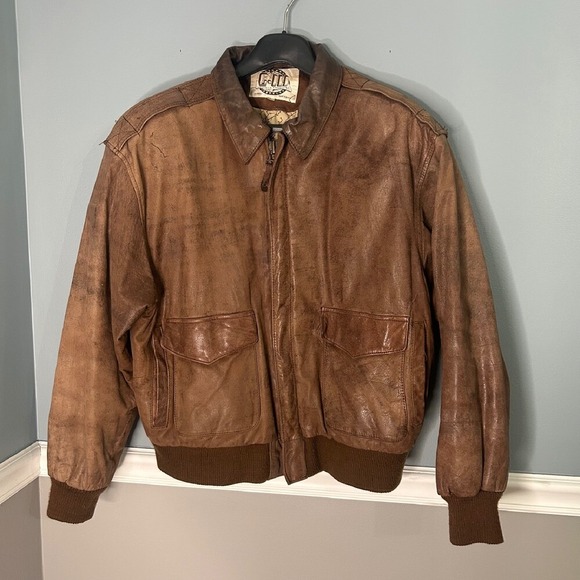 Global Identity Leather Bomber Jacket Men's L Vintage Brown Map Lined - Picture 1 of 9